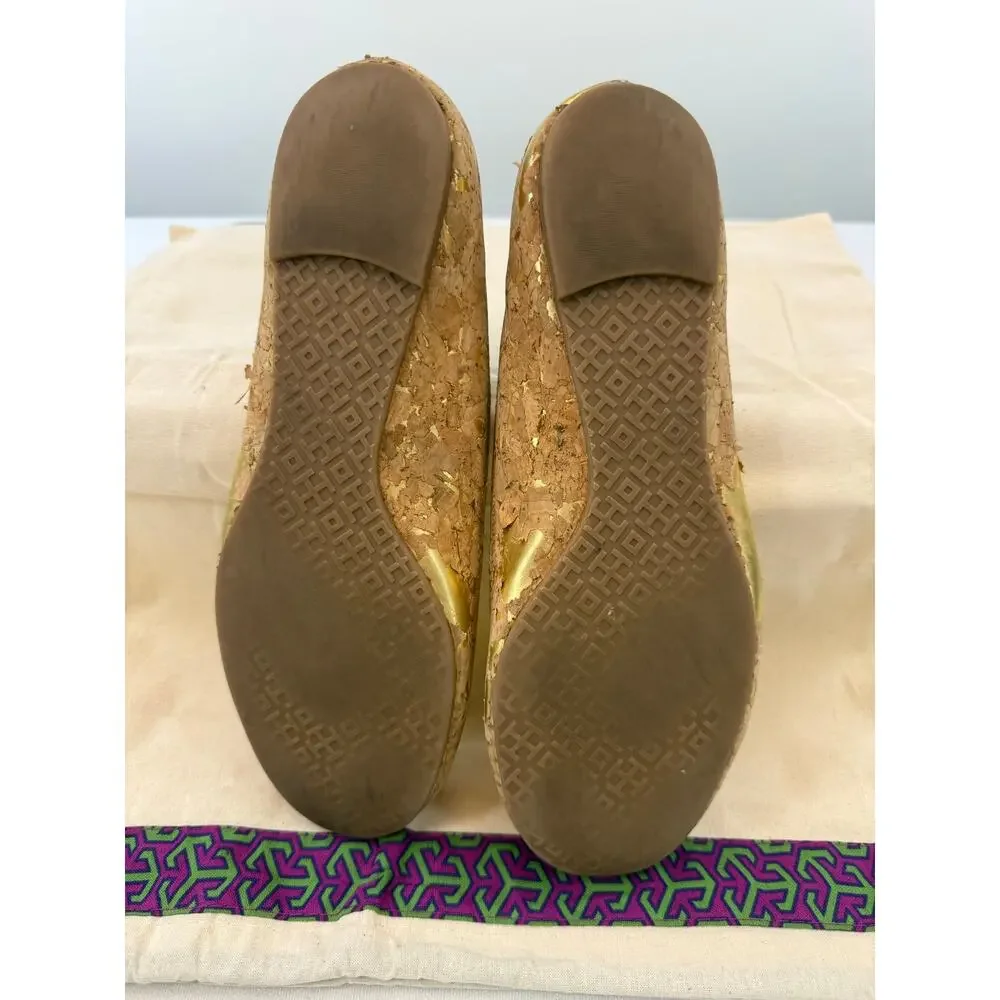 Tory Burch Gold Cork Ballet Flats Reva Logo Medallion Size 8.5M